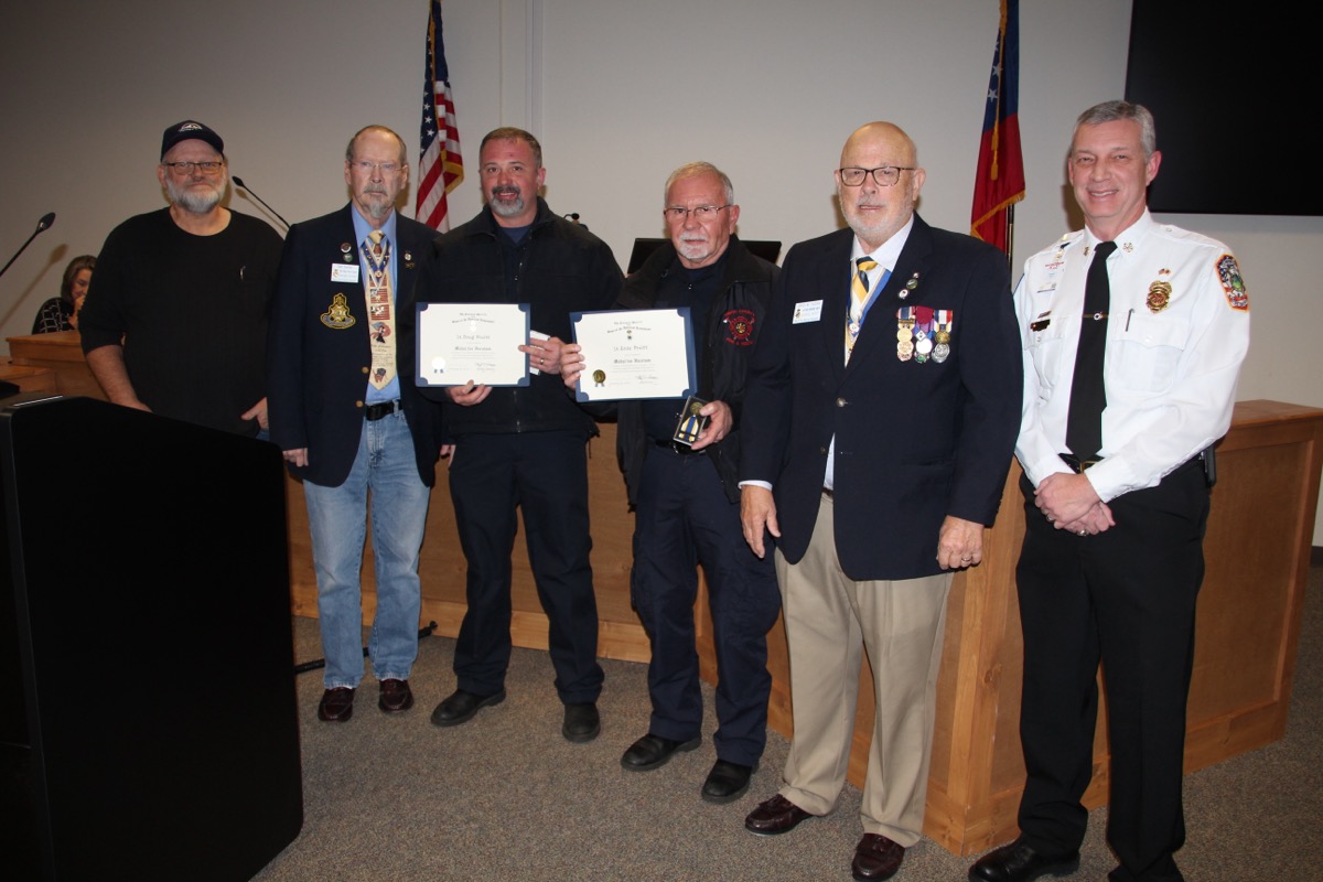 The local chapter Sons of the American Revolution thanked UCFD Lt. Ernie Pruitt and Lt. Doug Pruitt for recent acts of heroism on Jan. 16. Photo by Shawn Jarrard