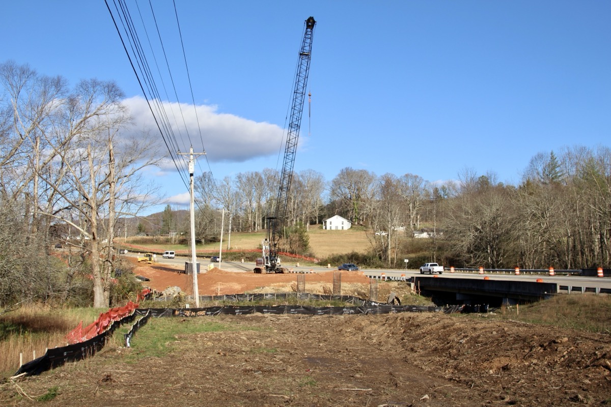 Construction of the new bridge over Brasstown Creek at the county line continues apace as part of the GA 515 project. Photo by Shawn Jarrard