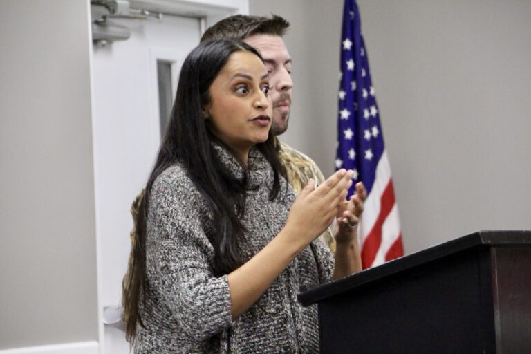 Naveela Philbeck leveled damaging allegations of discrimination and retaliation at Union County Schools, pictured here with her husband Simon in last week’s School Board meeting. Photo by Shawn Jarrard