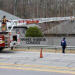Towns County Ladder Truck 6 proved instrumental in making sure fire had not spread to the attic of this condo building inside Hawks Harbor on Jan. 3. Photo by Shawn Jarrard