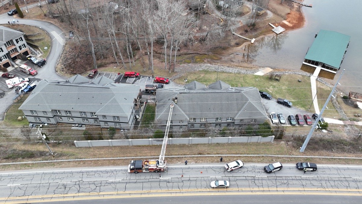Local drone operator David Phillips captured this awesome aerial view of Towns County Firefighters tackling the Hawks Harbor condo fire Friday off US 76.