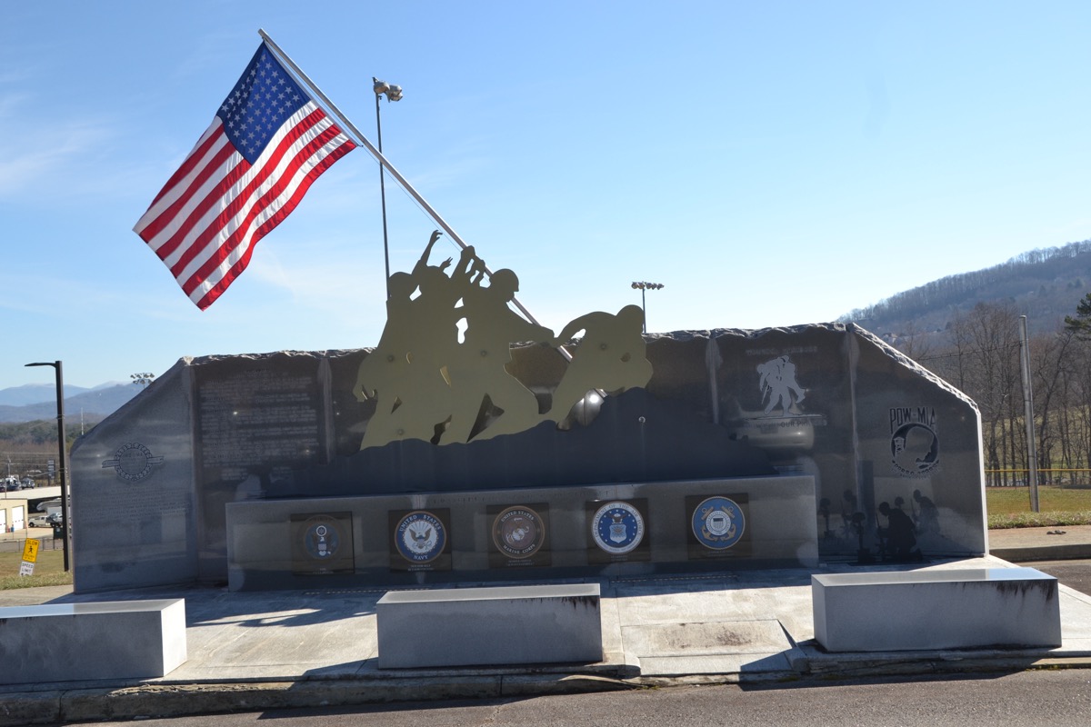 The 20-foot-tall, 36-foot-wide Iwo Jima Memorial by area sculptor Al Garnto at the Towns County Rec Center is a unique, patriotic treasure in the North Georgia Mountains. Photo by Shelly Knight
