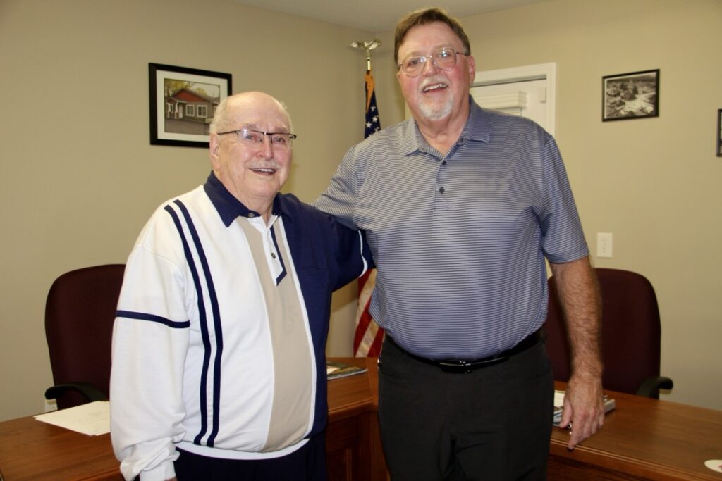 Blairsville Mayor Jim Conley and Mayor Pro Tem Buddy Moore in Conley’s last meeting as a city official Feb. 11. Moore will become mayor effective March 1. Photo by Shawn Jarrard
