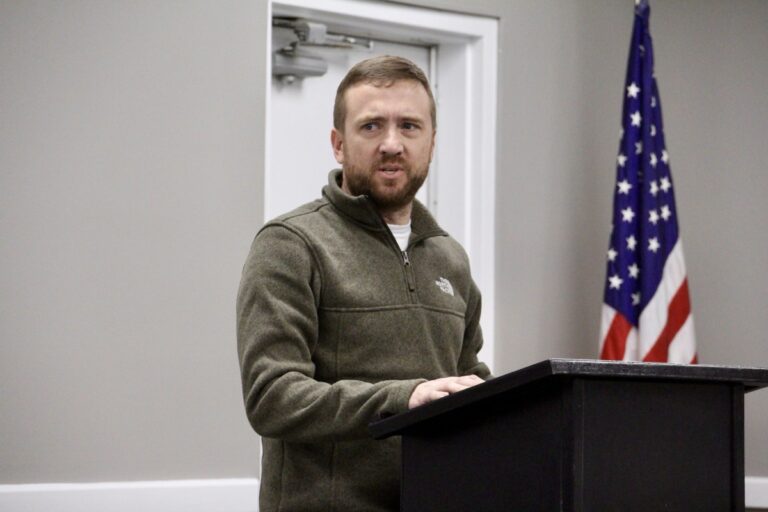 Young Harris College Professor Dr. Matthew Steven Bruen in the Feb. 20 School Board meeting. Photo by Shawn Jarrard