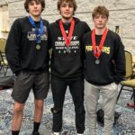 L-R: 2025 State Wrestling Champ Paxon Legatt with State Runners-Up Payton Legatt and Eli Flowers.