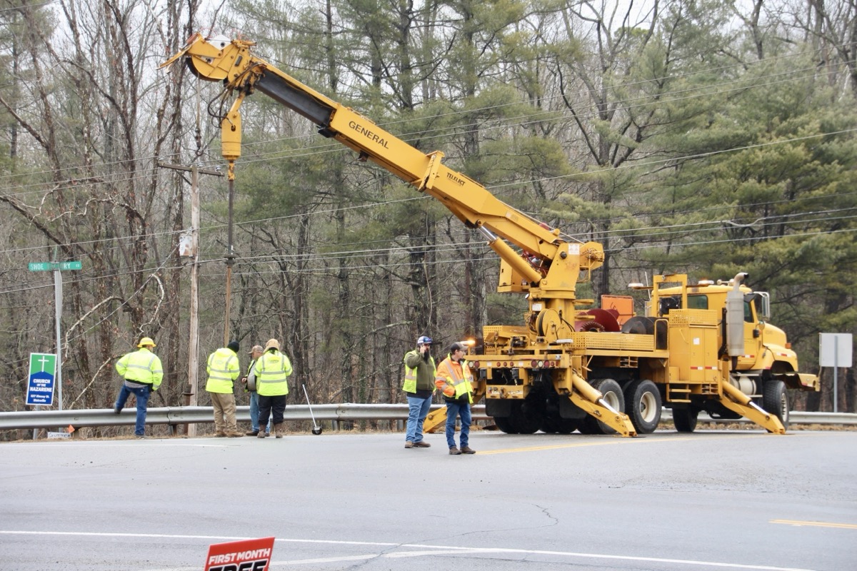 GDOT marked the placement of new power poles to hang traffic lights at the Gainesville Highway/Shoe Factory Road intersection on Monday, Jan. 27. Photo by Shawn Jarrard