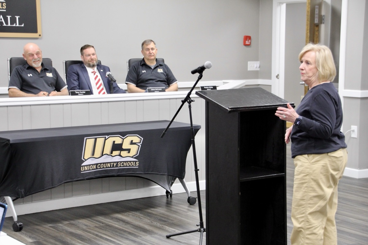 Retired Elementary School Principal Trish Cook was a welcome sight in last week’s School Board meeting, in which she offered public comments. Photo by Shawn Jarrard