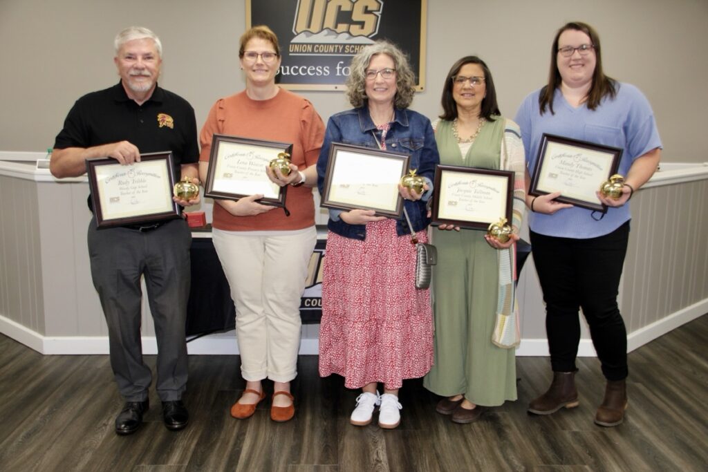 2025 Teachers of the Year (L-R): Rudy Tribble, Woody Gap; Lena Weaver, Primary School; Tina Payne, Elementary School; Jacquie Tallman, Middle School; and Mandy Thomas, High School. Tribble has earned 2025 District TOTY. Photo by Shawn Jarrard