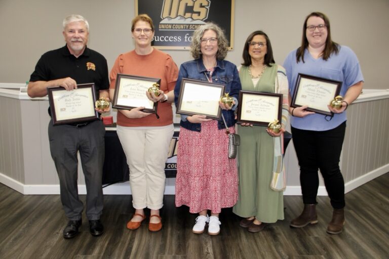 2025 Teachers of the Year (L-R): Rudy Tribble, Woody Gap; Lena Weaver, Primary School; Tina Payne, Elementary School; Jacquie Tallman, Middle School; and Mandy Thomas, High School. Tribble has earned 2025 District TOTY. Photo by Shawn Jarrard
