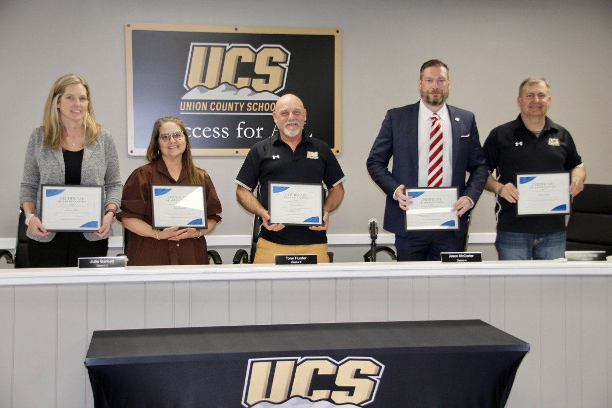 Last week, Central Office staff honored School Board Members Janna Akins, Julia Barnett, Tony Hunter, Jason McCarter and Patrick White for School Board Appreciation Week. Photo by Shawn Jarrard