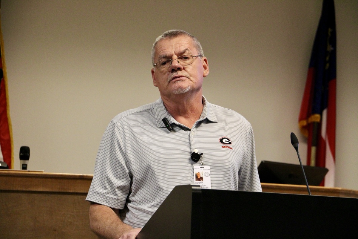 County Manager Tony Hughes had a plethora of announcements for April 17 meeting attendees, including information about a $7,500 saltwater conversion for the Meeks Park Swimming Pool. Photo by Shawn Jarrard