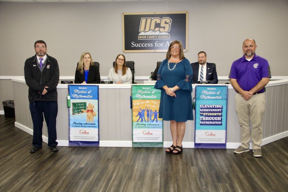 The Georgia Department of Education visited recently to present mathematics awards, accepted by Elementary School Principal Jerry Bavero, Middle School Principal Tammy Hughes and High School Principal Josh Davis. Photo by Shawn Jarrard