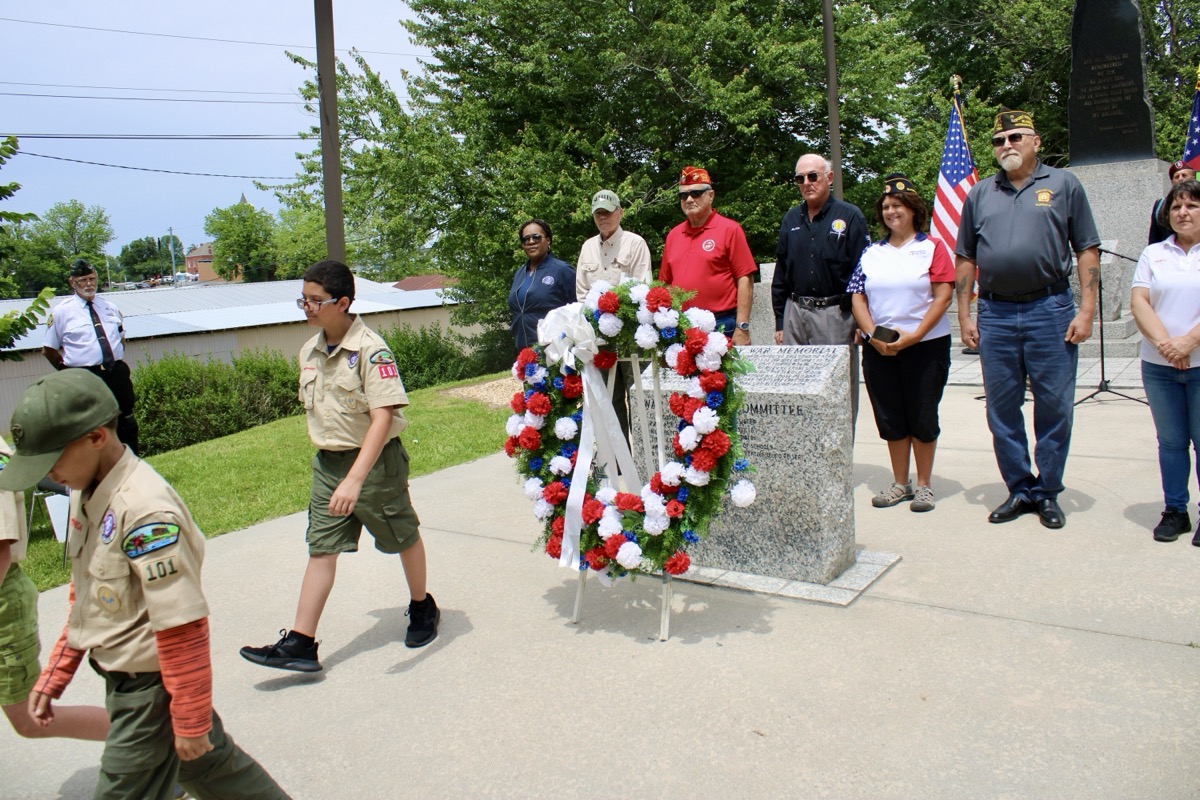 Local Boy Scouts honored the fallen by presenting the Memorial Wreath inside Union County War Memorial Park during the Memorial Day Service on Saturday. Photo by Lowell Nicholson