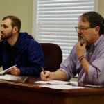 Blairsville City Councilman Brock Gordon and City Attorney Marvin Harkins in the special called meeting on May 29. Photo by Shawn Jarrard