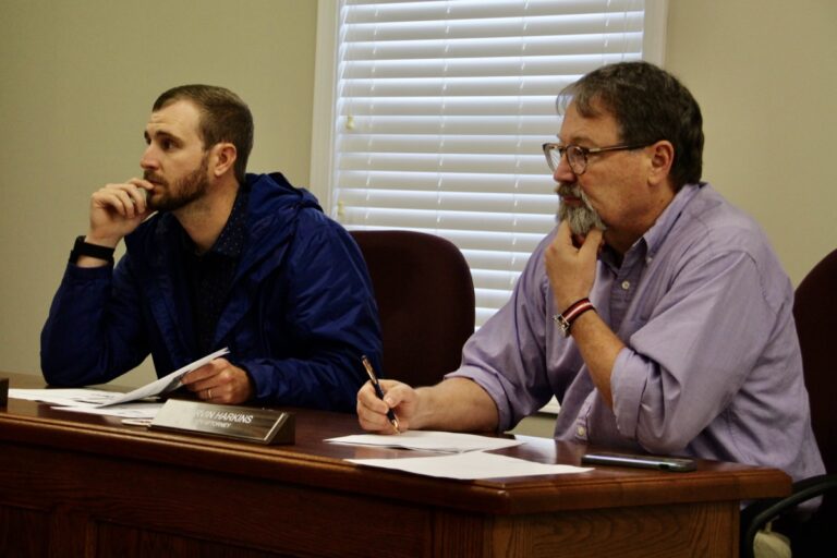 Blairsville City Councilman Brock Gordon and City Attorney Marvin Harkins in the special called meeting on May 29. Photo by Shawn Jarrard