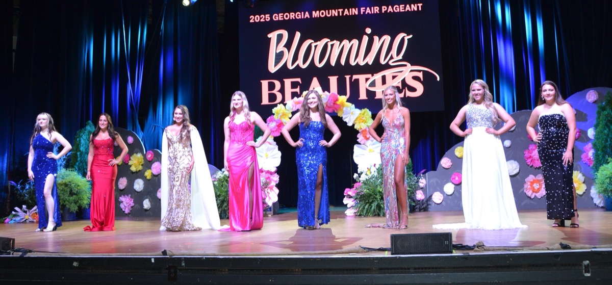 2025 Miss GMF Pageant contestants Kaylie Ann Pickelsimer, Carly Jean Barnett, Deanna Faye Crow, Breeze Hinton, Amelia Kenlee Shook, Ellie Cook, Maddie Halligan and Lilly Cannon showing off their best evening wear in the June 14 pageant. Photo by Shelly Knight