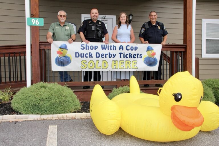 Union County Sheriff Shawn Dyer, Blairsville Police Lt. Gary Hooper, Municipal Court Clerk Avery Jackson and Blairsville Police Chief Michael “Bear” Baxter at BPD Headquarters. Photo by Shawn Jarrard