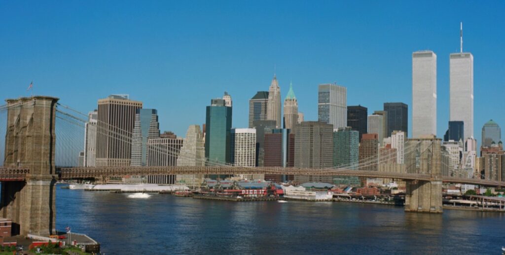 This photograph by David Monderer captures Lower Manhattan around 8:30 a.m. on Sept.11, 2001 – about 16 minutes before a plane hijacked by al-Qaida terrorists struck the North Tower of the World Trade Center. Photo/911memorial.org