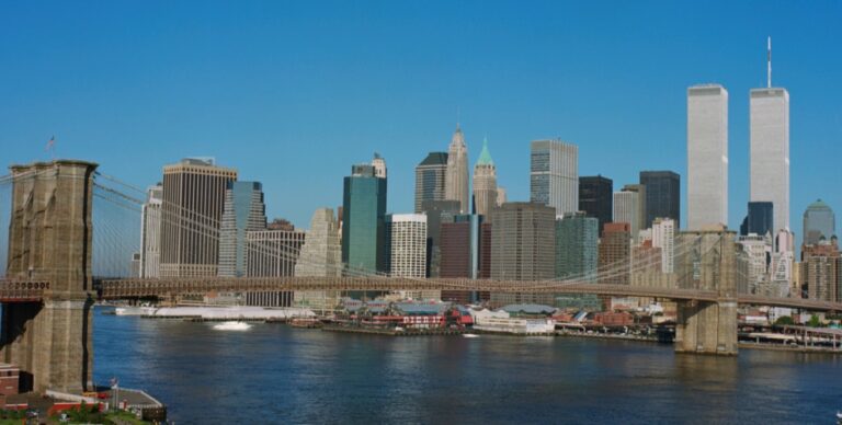 This photograph by David Monderer captures Lower Manhattan around 8:30 a.m. on Sept.11, 2001 – about 16 minutes before a plane hijacked by al-Qaida terrorists struck the North Tower of the World Trade Center. Photo/911memorial.org