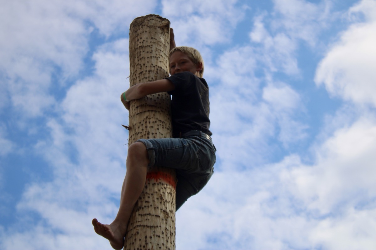 This young man took home three First Place ribbons in Saturday’s Sorghum Games, including for reaching the top in the Pole Climbin’ Contest. Photo by Lowell Nicholson
