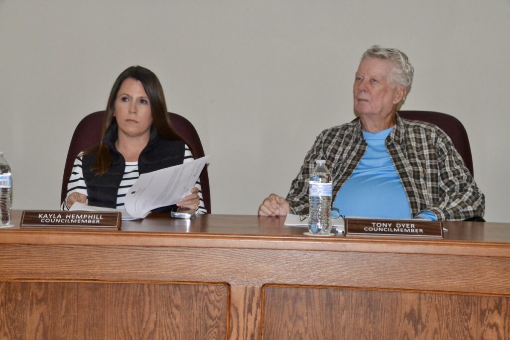 Blairsville City Council Members Kayla Hemphill and Tony Dyer in their Oct. 29 called meeting. Photo by Brittany Holbrooks