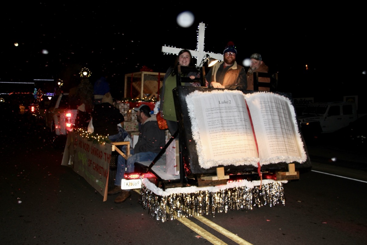 Day of Grace Baptist Church went all out for its parade float, constructing a giant Bible opened to the beginning of the greatest story ever told – the birth of Jesus in the Gospel of Luke. Photo by Shawn Jarrard