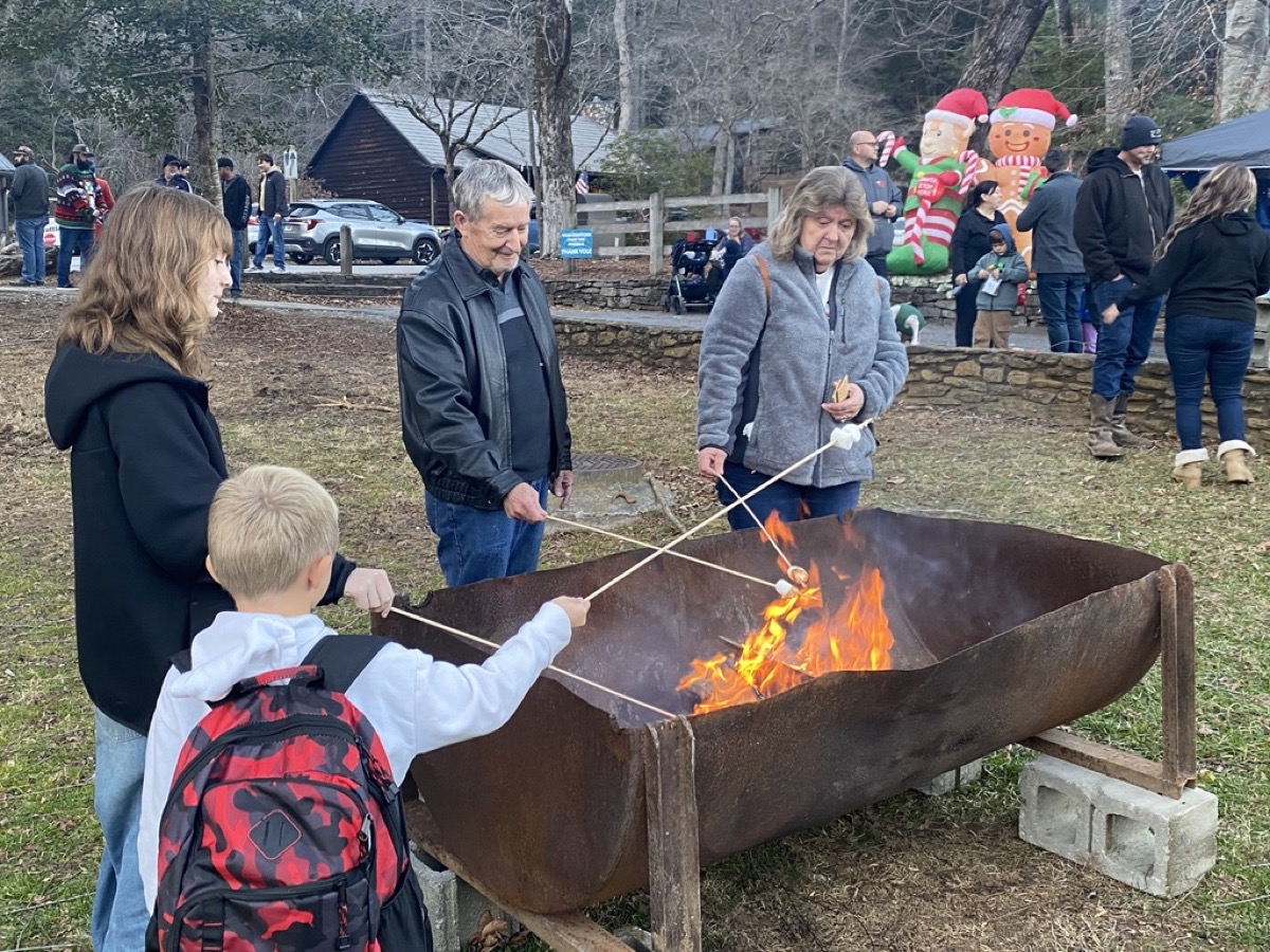 Bonfires served a dual purpose at this year’s Vogel State Park Christmas Program, providing a great place for families to stay warm while roasting marshmallows. Photo by Samantha Laratta