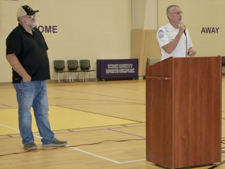 Sole Commissioner Harold Collins looking on as Fire Chief David Dyer explained one of several agenda items related to public safety during the Sept. 22 county meeting. Photo by Brittany Holbrooks