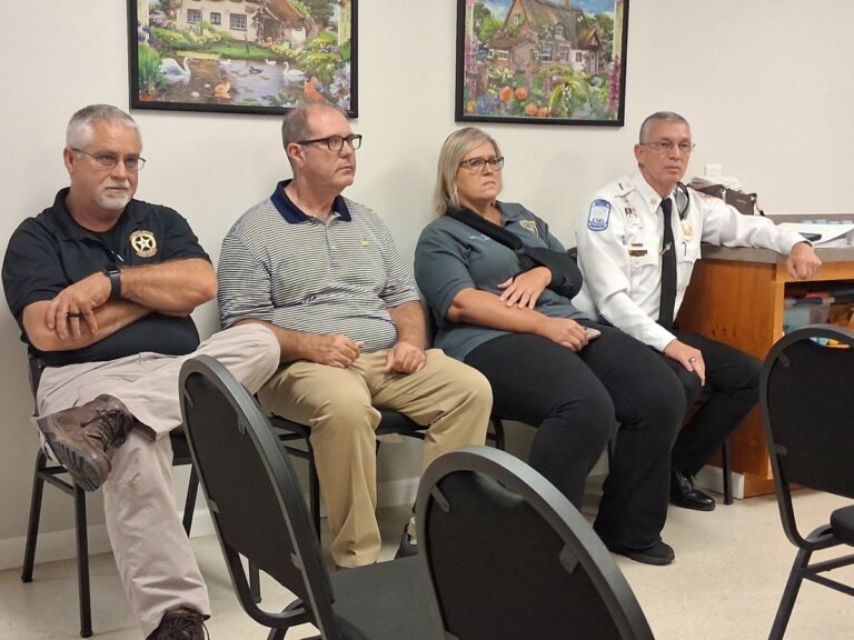 (L-R) Sheriff Shawn Dyer, SPLOST Project Manager Kevin Hamby, 911 Lt. Millie Baxter and Fire Chief David Dyer at the Town Hall in Suches last week. Photo by Brittany Holbrooks