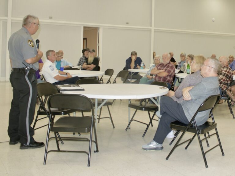Sheriff Shawn Dyer discussed SPLOST with local Democrats and other guests of the Union County Democratic Party meeting last week. Photo by Brittany Holbrooks