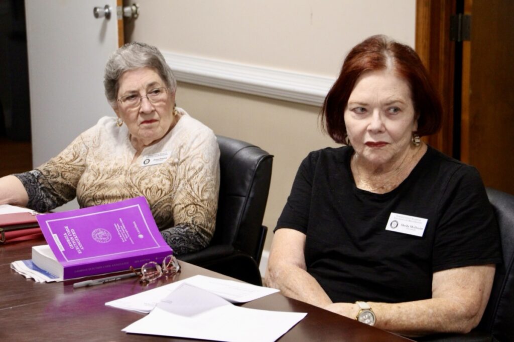 The Towns County Board of Elections deliberated for hours over two emergency called meetings last week to determine how best to call a sheriff election. Pictured (L-R): Board Members Anna Denton and Sheila McDevitt. Photo by Shawn Jarrard