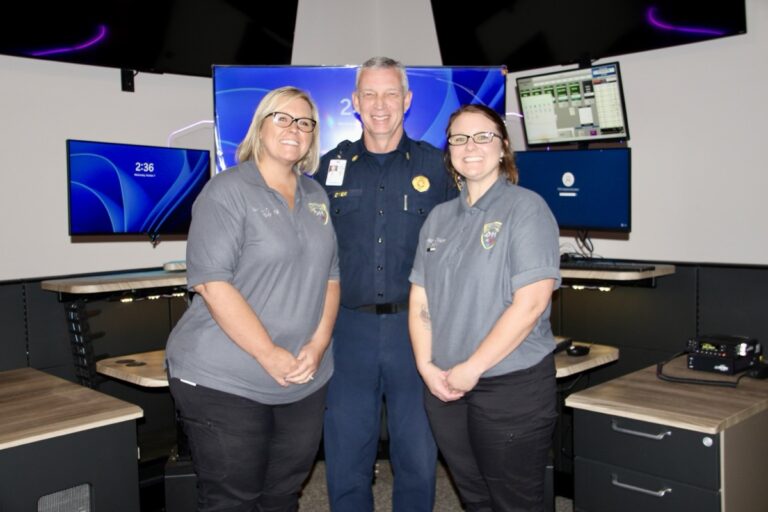 (L-R) 911 Lt. Mille Baxter, 911 Director David Dyer and 911 Dispatcher Amanda Hammond are thrilled to be welcoming the public to the new Union County E-911 Center next week. Photo by Shawn Jarrard